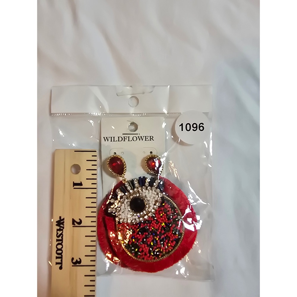 Wildflower Beaded Evil Eye Statement Earrings Red Fringe Rhinestone New - Picture 5 of 5